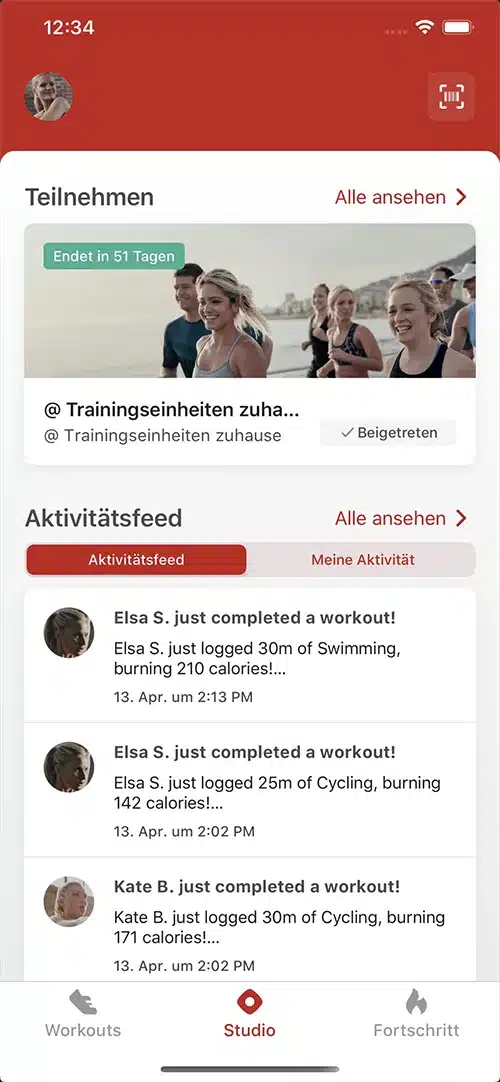 Im Aktivitätsfeed siehst du, wie aktiv andere Studio-Member sind.